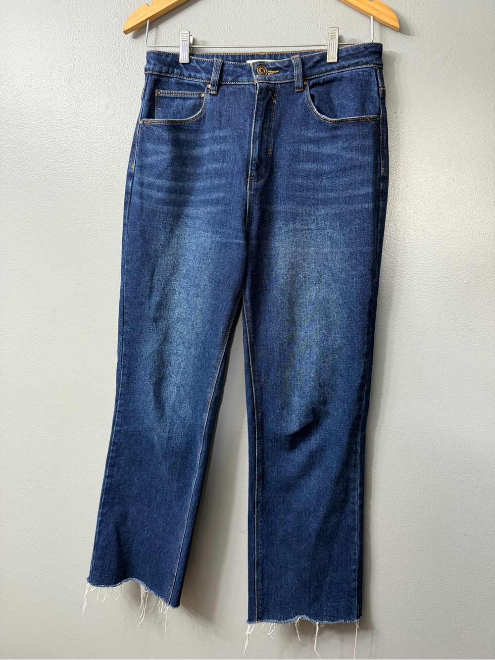 A loves A blue wash denim jeans high-rise waist, straight-leg raw hem 30
